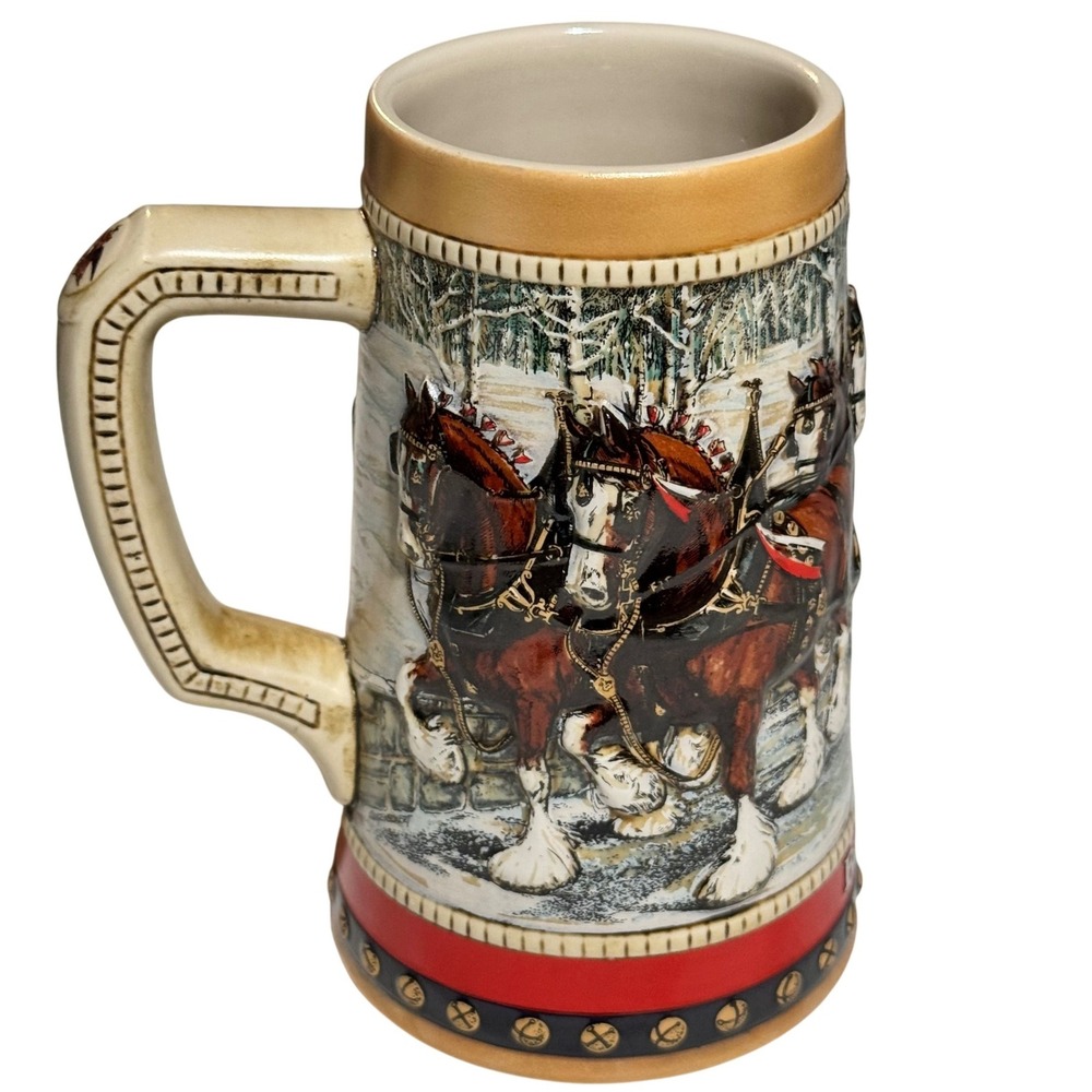 Budweiser 1988 Holiday Stein Clydesdales Crossing Bridge Ceramic Beer Mug Multi